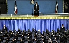Iranian Supreme Leader Ayatollah Ali Khamenei on stage during a meeting with Iranian air force commanders in Tehran, in a photo released February 8, 2014. (AFP/HO/Iranian Supreme Leader's website)