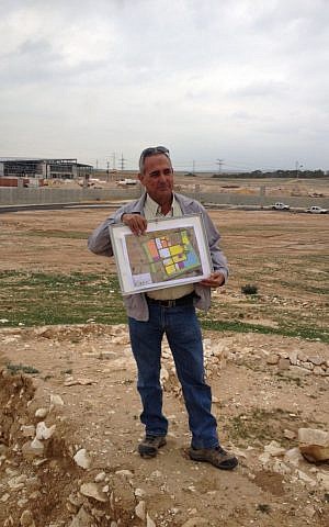 Bnei Shimon Regional Council head Moshe Paul with the plans of the industrial park (photo credit: Mitch Ginsburg/ Times of Israel) Bnei Shimon Regional Council head Moshe Paul with the plans of the industrial park (photo credit: Mitch Ginsburg/ Times of Israel)