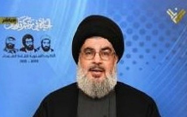 An image grab from Hezbollah's al-Manar TV shows Hassan Nasrallah, head of Hezbollah, giving a televised address from an undisclosed location on February 16, 2014 in Lebanon (screen capture: Al-Manar/AFP) An image grab from Hezbollah's al-Manar TV shows Hassan Nasrallah, head of Hezbollah, giving a televised address from an undisclosed location on February 16, 2014 in Lebanon (screen capture: Al-Manar/AFP)