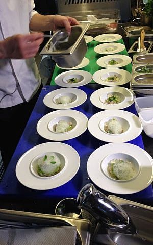 Tartar of sea bream topped with gin and tonic cubes, basil coulis and foamed cucumber water (photo credit: Jessica Steinberg/Times of Israel)