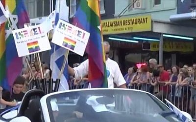 The Israeli representative at the 2014 pride parade in Auckland, New Zealand. February 23, 2014. (photo credit: Youtube screenshot)