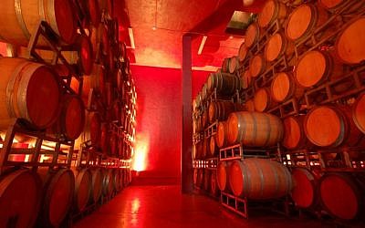 Wine barrels age at Psagot Winery, located in a settlement of the same name in the hills of the central West Bank. (Psagot Winery/JTA)