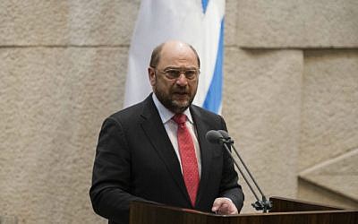 President of the European Parliament Martin Schulz adressess the Israeli parliament in Jerusalem on February 12, 2014.  (photo credit: Flash 90)