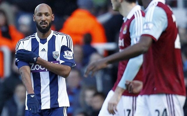 West Bromwich Albion's French striker Nicolas Anelka celebrates with a quenelle after scoring a goal, Dec. 28, 2013 (photo credit: AFP/Ian Kington) West Bromwich Albion's French striker Nicolas Anelka celebrates with a quenelle after scoring a goal, Dec. 28, 2013 (photo credit: AFP/Ian Kington)