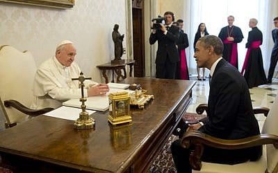 Pope Francis (L) meets with US President Barack Obama on March 27, 2014 at the Vatican.  (photo credit: AFP/SAUL LOEB)