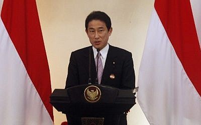Japanese Foreign Affairs Minister Fumio Kishida delivers a speech during the second Conference on Cooperation among East Asian Countries for Palestinian Development (CEAPAD) in Jakarta on March 1, 2014 (Photo credit: AFP)