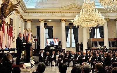 Palestinian Prime Minister Rami Hamdallah (at podium) delivers his speech as foreign leaders pay attention during the opening of the second Conference on Cooperation among East Asian Countries for Palestinian Development (CEAPAD) in Jakarta on March 1, 2014. (photo credit: AFP PHOTO / Bay ISMOYO