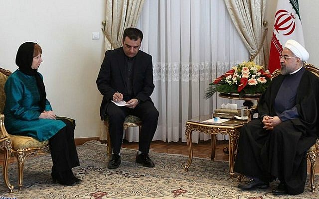 A handout picture released by the official website of the Iranian president shows the Islamic Republic's President Hassan Rouhani (R) meeting with EU foreign policy chief Catherine Ashton (L) on March 9, 2014 in Tehran. (photo credit: AFP PHOTO / HO / PRESIDENT.IR) A handout picture released by the official website of the Iranian president shows the Islamic Republic's President Hassan Rouhani (R) meeting with EU foreign policy chief Catherine Ashton (L) on March 9, 2014 in Tehran. (photo credit: AFP PHOTO / HO / PRESIDENT.IR)