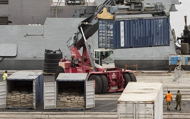 Israeli soldiers inspect containers unloaded from the Panamanian-flagged Klos-C vessel on March 9, 2014 at a navy base near the southern Israeli port of Eilat. (photo credit: Jack Guez/AFP) Israeli soldiers inspect containers unloaded from the Panamanian-flagged Klos-C vessel on March 9, 2014 at a navy base near the southern Israeli port of Eilat. (photo credit: Jack Guez/AFP)