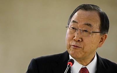 UN Secretary General Ban Ki-moon delivers a speech at the UN Human rights Council session on March 3, 2014 in Geneva. (photo credit: AFP PHOTO / FABRICE COFFRINI)