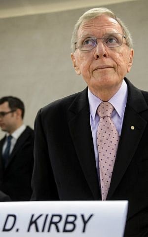  Chairperson of the UN Commission of Inquiry (COI) on Human Rights in North Korea, retired Australian judge Michael Kirby, arrives to take part in an UN Human Rights Council on March 17, 2014 in Geneva. (photo credit: AFP/Fabrice Coffrini)