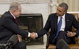 US President Barack Obama (right) shakes hands with Prime Minister Benjamin Netanyahu in the Oval Office of the White House in Washington, DC, on March 3, 2014. (AFP/Saul Loeb)