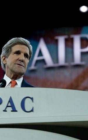 US Secretary of State John Kerry addresses the American Israel Public Affairs Committee policy conference in Washington on Monday, March 3, 2014 (photo credit: AFP/Nicholas Kamm)
