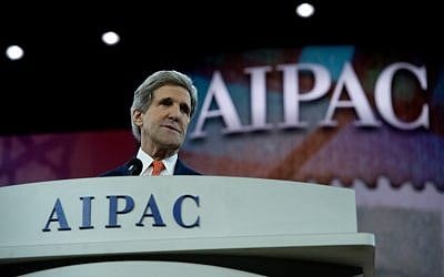 US Secretary of State John Kerry addresses the American Israel Public Affairs Committee policy conference in Washington on Monday, March 3, 2014 (photo credit: AFP/Nicholas Kamm)
