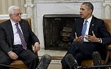 US President Barack Obama, right, and Palestinian Authority President Mahmoud Abbas hold a meeting in the Oval Office of the White House in Washington, DC, Monday, March 17, 2014 (photo credit: Saul Loeb/AFP)