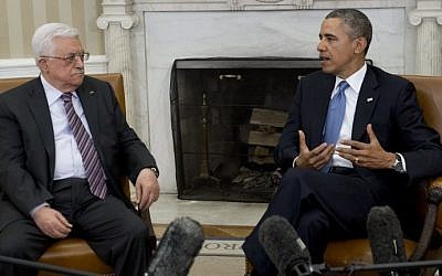 US President Barack Obama, right, and Palestinian Authority President Mahmoud Abbas hold a meeting in the Oval Office of the White House in Washington, DC, Monday, March 17, 2014 (photo credit: Saul Loeb/AFP) US President Barack Obama, right, and Palestinian Authority President Mahmoud Abbas hold a meeting in the Oval Office of the White House in Washington, DC, Monday, March 17, 2014 (photo credit: Saul Loeb/AFP)