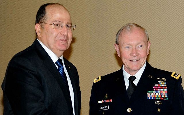 Israeli Minister of Defense Moshe Ya'alon (L) meets with US Chairman of the Joints Chiefs of Staff Gen. Martin Dempsey, in Jerusalem on March 30, 2014. (photo credit: David Azagury/US Embassy Tel Aviv/ Flash90) Israeli Minister of Defense Moshe Ya'alon (L) meets with US Chairman of the Joints Chiefs of Staff Gen. Martin Dempsey, in Jerusalem on March 30, 2014. (photo credit: David Azagury/US Embassy Tel Aviv/ Flash90)