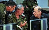 Head of IDF Military Intelligence Directorate Maj. Gen. Aviv Kochavi, left, with IDF Chief of the General Staff Lt. Gen. Benny Gantz, and Defense Minister Moshe Ya'alon during Operation Full Disclosure (photo credit: Ariel Hermoni/ Ministry of Defense)