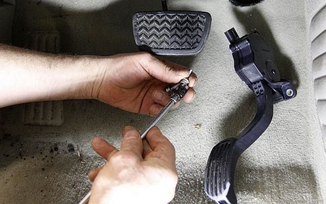 In this Feb. 8, 2010, photo, a modified accelerator pedal from a Toyota 2007 Hybrid Camry is replaced at Jack Taylor's Alexandria Toyota-Scion in Alexandria, Va. (photo credit: AP Photo/Alex Brandon, File) In this Feb. 8, 2010, photo, a modified accelerator pedal from a Toyota 2007 Hybrid Camry is replaced at Jack Taylor's Alexandria Toyota-Scion in Alexandria, Va. (photo credit: AP Photo/Alex Brandon, File)