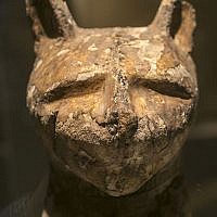 A cat coffin with mummy, is displayed as part of the exhibit "Soulful Creatures: Animal Mummies in Ancient Egypt," at the Orange County's Bowers Museum in Santa Ana, Calif. (photo credit: AP/Damian Dovarganes)