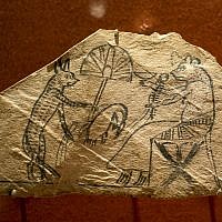 A limestone with pigment shows a scene of a cat and mouse, in which animals perform human tasks, is displayed as part of the exhibit "Soulful Creatures: Animal Mummies in Ancient Egypt," at the Orange County's Bowers Museum in Santa Ana, Calif. (photo credit: AP/Damian Dovarganes)
