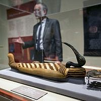 Brooklyn Museum, Egyptian, Classical and Ancient Middle Eastern Art, curator, Edward Bleiberg speaks during a tour of the exhibit "Soulful Creatures: Animal Mummies in Ancient Egypt," at the Orange County's Bowers Museum in Santa Ana, Calif. (photo credit: AP/Damian Dovarganes)