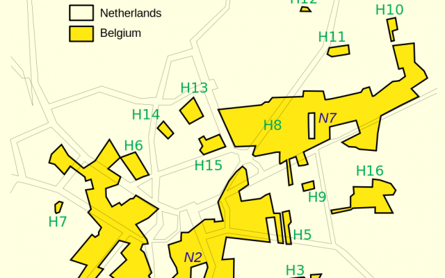 The border between Belgium and the Netherlands at Baarle-Nassau (photo credit: Tos/Wikipedia)