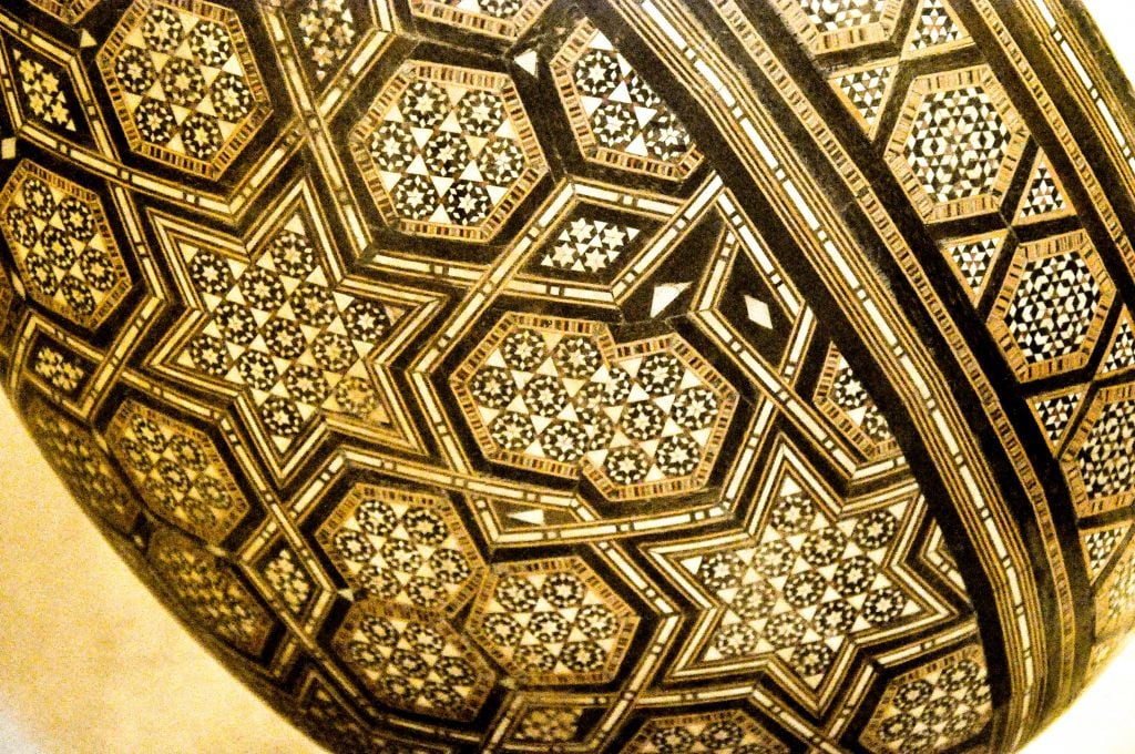 A detailed view of an oud, the Middle Eastern ancestor of the guitar, decorated with Stars of David, on display at a museum in Fez. (photo credit: Michal Shmulovich)