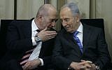 President Shimon Peres and former prime minister Ehud Olmert at a ceremony at the President's Residence in Jerusalem on March 20 2009 (photo credit: Olivier Fitoussi/Flash90)