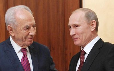 Vladimir Putin with Israeli President Shimon Peres during Peres' official visit to Moscow in 2012. (Mark Neyman/GPO/FLASH90/JTA)