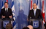 Prime Minister Benjamin Netanyahu (R) and his British counterpart David Cameron at a joint press conference in Jerusalem on March 12 2014. (Photo credit: Tali Mayer/POOL/Flash90)