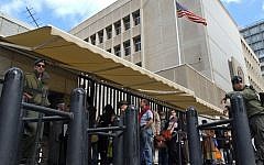 Israelis waiting for US visas line up at the US Embassy in Tel Aviv. (photo credit: AP/Eitan Hess-Ashkenazi/File)
