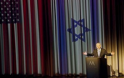 Benjamin Netanyahu addresses leaders of the Los Angeles Jewish community at the Simon Wiesenthal Center's Museum of Tolerance, March 6, 2014. (photo credit: AP/Nick Ut)