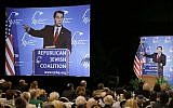 Wisconsin Gov. Scott Walker speaks at the Republican Jewish Coalition, Saturday, March 29, 2014, in Las Vegas (photo credit: AP/Julie Jacobson)