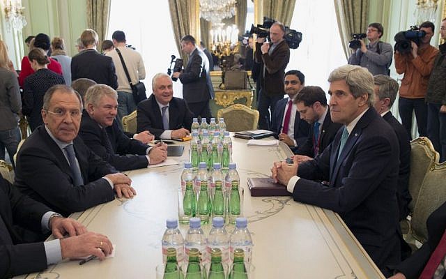 Secretary of State John Kerry, right, and Russian Foreign Minister Sergei Lavrov meet at the Russian Ambassador's Residence in Paris, Wednesday, March 5, 2014. (photo credit: AP/Kevin Lamarque, Pool) Secretary of State John Kerry, right, and Russian Foreign Minister Sergei Lavrov meet at the Russian Ambassador's Residence in Paris, Wednesday, March 5, 2014. (photo credit: AP/Kevin Lamarque, Pool)