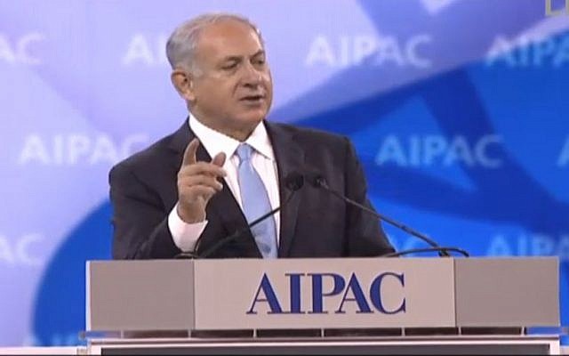 Benjamin Netanyahu speaking at AIPAC on March 4, 2014. (Screen capture: JLTV)