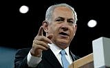 Prime Minister Benjamin Netanyahu addresses the AIPAC policy conference in Washington on March 4, 2014 (photo credit: AFP/Nicholas KAMM)
