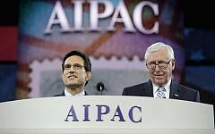 US House of Representatives Majority Leader Eric Cantor at left, and Minority Whip Steny Hoyer deliver remarks during the American Israel Public Affairs Committee's Policy Conference in Washington on Monday. (photo credit: JTA/Somodevilla/Getty Images)