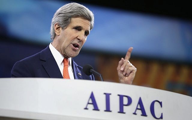 US Secretary of State John Kerry speaking at AIPAC, March 2014 (photo credit: JTA Photos)