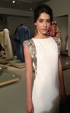 The prayer shawl-inspired wedding dress by Maskit (photo credit: Jessica Steinberg/Times of Israel) The prayer shawl-inspired wedding dress by Maskit (photo credit: Jessica Steinberg/Times of Israel)