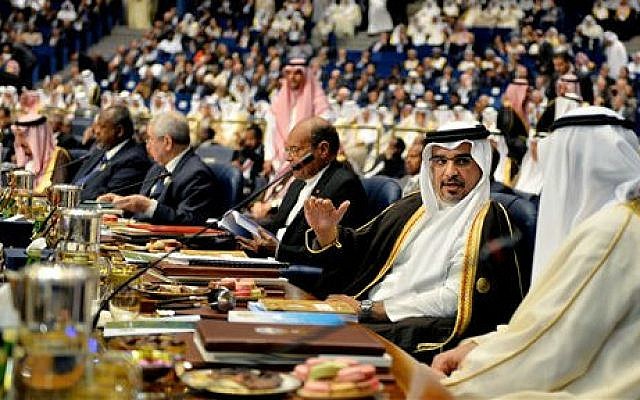 Bahraini Crown Prince Salman bin Hamad Al Khalifa, second right, attends the opening session of the Arab League Summit in Bayan Palace, Kuwait City, Tuesday, March 25, 2014 (file photo credit: AP/Nasser Waggi) Bahraini Crown Prince Salman bin Hamad Al Khalifa, second right, attends the opening session of the Arab League Summit in Bayan Palace, Kuwait City, Tuesday, March 25, 2014 (file photo credit: AP/Nasser Waggi)
