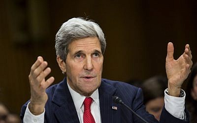 US Secretary of State John Kerry testifies during a Senate Foreign Relations Committee, Tuesday, April 8, 2014 (photo credit: Drew Angerer/Getty Images/AFP)