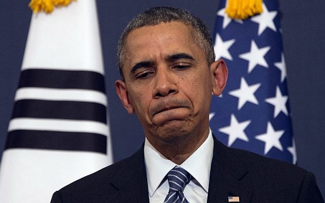 US President Barack Obama reacts to a question during a press conference at the Blue House in Seoul on Friday, April 25, 2014. (photo credit: AFP/Jim Watson) US President Barack Obama reacts to a question during a press conference at the Blue House in Seoul on Friday, April 25, 2014. (photo credit: AFP/Jim Watson)