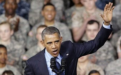 US President Barack Obama delivers remarks to US Forces in Korea, and Korean troops, at Collier Field House Yongsan Garrison in Seoul on April 26, 2014 (Photo credit: Lee Jin-man/AFP)