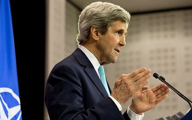 US Secretary of State John Kerry speaks during a news conference at NATO Headquarters in Brussels on April 1, 2014. (photo credit: AFP PHOTO / POOL / JACQUELYN MARTIN) US Secretary of State John Kerry speaks during a news conference at NATO Headquarters in Brussels on April 1, 2014. (photo credit: AFP PHOTO / POOL / JACQUELYN MARTIN)