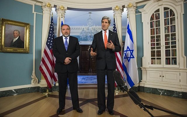 Foreign Minister Avigdor Liberman, left, with US Secretary of State John Kerry at the State Department in Washington, DC (photo credit: AFP/Saul Loeb) Foreign Minister Avigdor Liberman, left, with US Secretary of State John Kerry at the State Department in Washington, DC (photo credit: AFP/Saul Loeb)