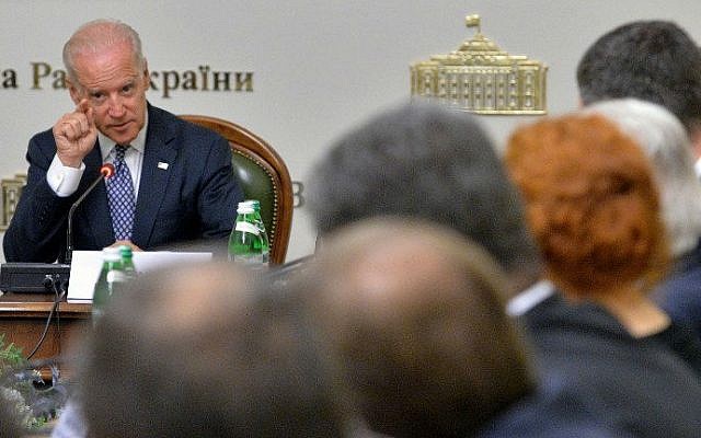 US Vice President Joe Biden addresses to members of the Ukrainian parliament during a meeting on April 22, 21014 in Kiev. (photo credit: AFP PHOTO/POOL/Sergei Supinsky) US Vice President Joe Biden addresses to members of the Ukrainian parliament during a meeting on April 22, 21014 in Kiev. (photo credit: AFP PHOTO/POOL/Sergei Supinsky)