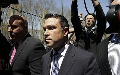 US Representative Michael Grimm leaves federal court in New York, on Monday, April 28, 2014. (photo credit: AP Photo/Seth Wenig)