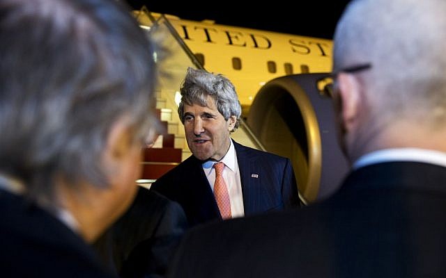 US Secretary of State John Kerry arrives in Algiers, Algeria, Wednesday, April 2, 2014, (photo credit: AP /Jacquelyn Martin, Pool) US Secretary of State John Kerry arrives in Algiers, Algeria, Wednesday, April 2, 2014, (photo credit: AP /Jacquelyn Martin, Pool)