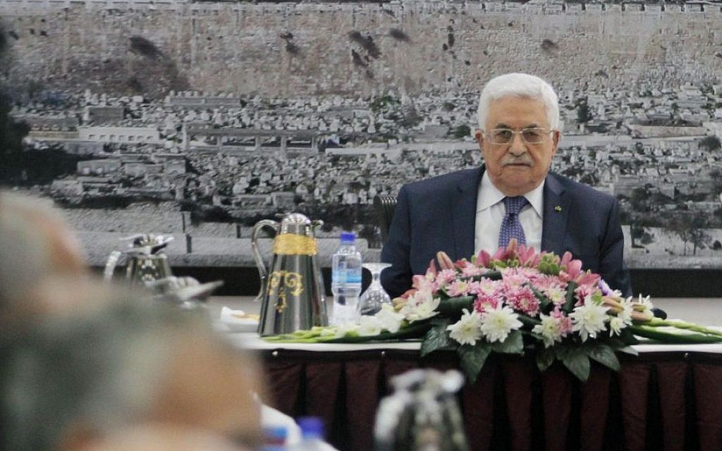 Palestinian Authority President Mahmoud Abbas attends a meeting of the Palestinian leadership in the West Bank city of Ramallah March 31, 2014. (photo credit: Issam Rimawi/Flash90)